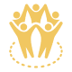 A stylized golden logo of three human figures with raised arms in a circle.
