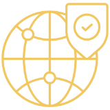 Golden icon of a globe with a shield and checkmark symbol.