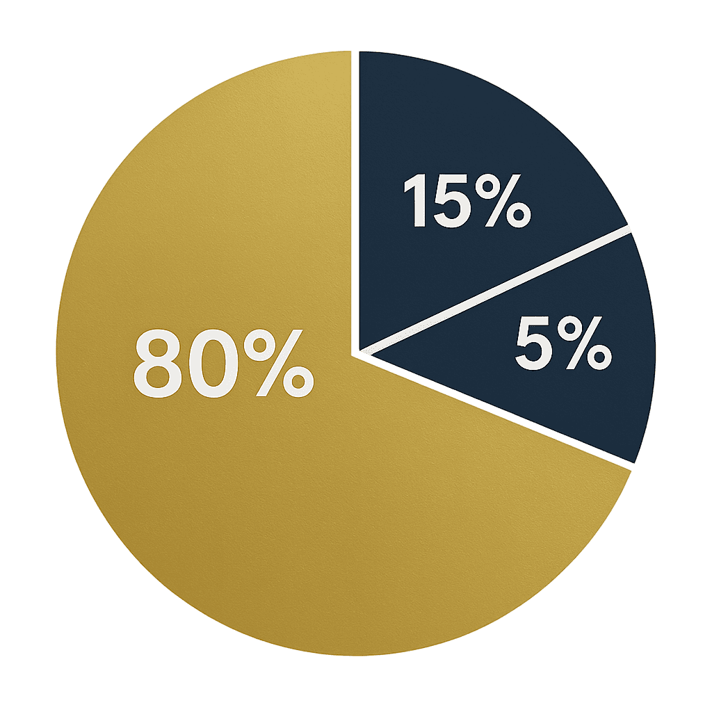 Pie chart showing 80%, 15%, and 5% segments.